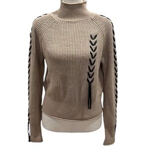 WISPR Ribbed Turtleneck Sweater Tan Beige with Brown Lace Up Stitching XS